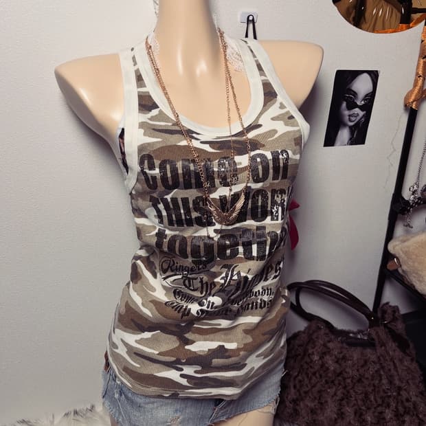 빈티지 Y2K 카모 워싱 나시 슬리브리스