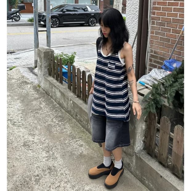 신시 볼드 스트라이프 롱 나시 원피스 네이비