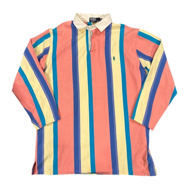 XL) 폴로 랄프로렌 90s USA 멀티컬러 스트라이프 럭비 긴팔티 T-