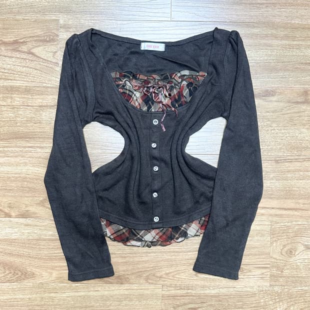 빈티지 브라운 체크 리본 보석 로걀 탑 블라우스 히메갸루 라떼 히메카지