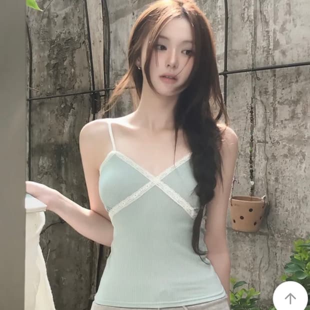 음영 에이블리 지그재그 페어리 골지 레이스 슬리브리스 민트 나시