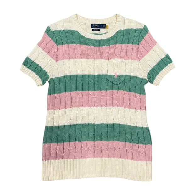 폴로 랄프로렌 신형 QR 피마코튼 케이블 스트라이프 파스텔 니트반팔 M