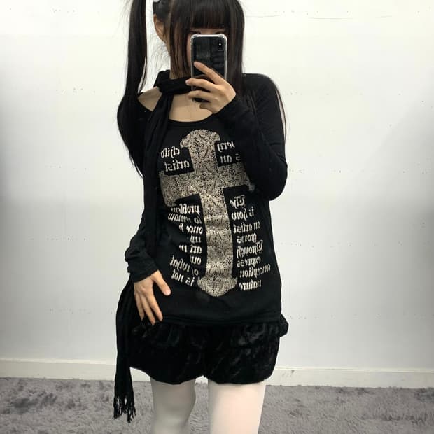 재패니즈 펑크 십자가 프린팅 롱슬리브