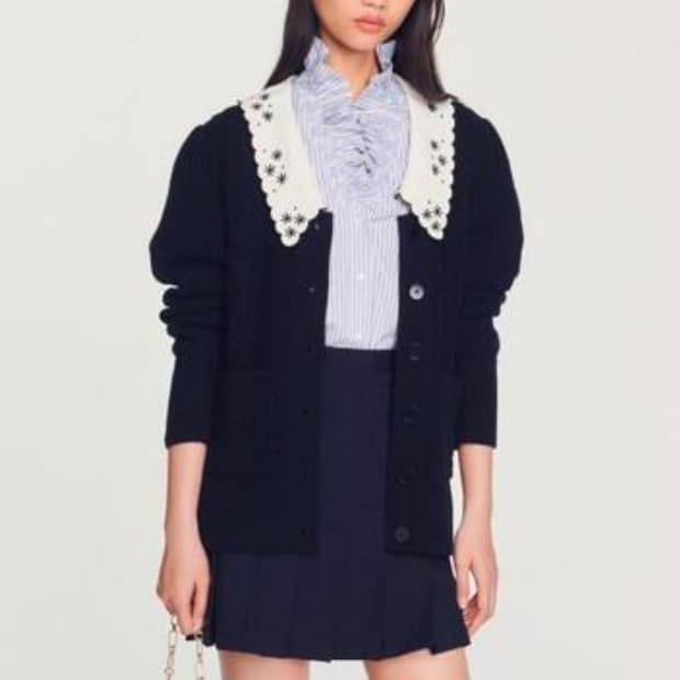 산드로 자수 카라 케이블 울 니트 가디건  1 사이즈