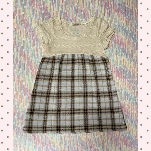 체크 반소매 미니 원피스