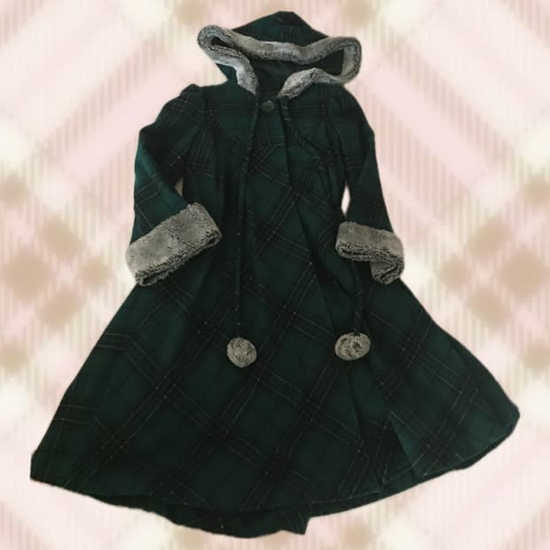 그린 체크 폼폼이 퍼 코트 히메 오네 갸루 러블리 로걀 모리 빈티지