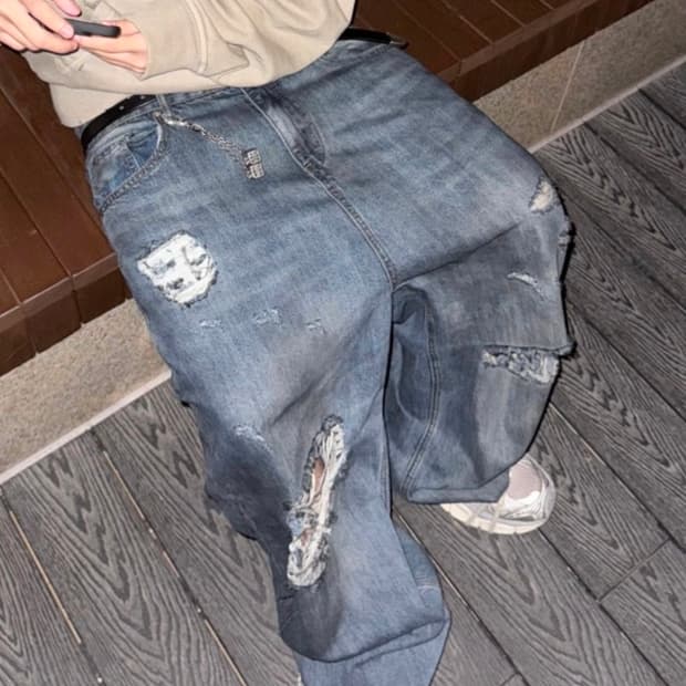 어웬드 데스트로이드 섬머 배기 진 워시드 블루 오일 더티 워싱 발렌시아가