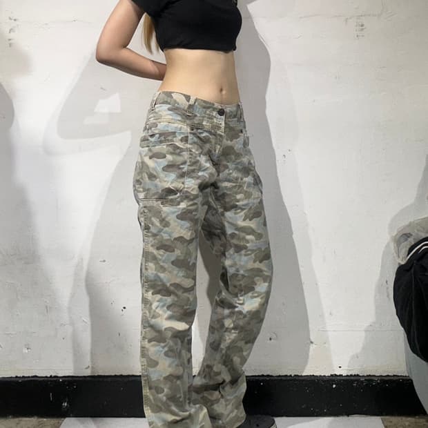 빈티지 카키 카모 밀리터리 카고 팬츠 