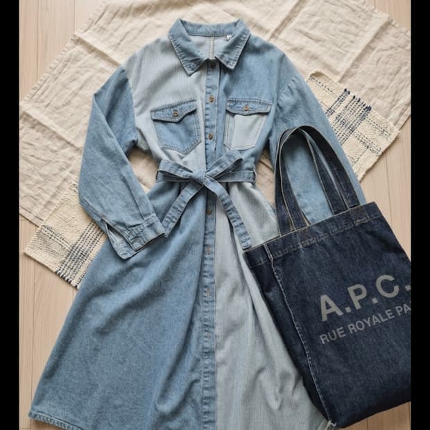 [유니크/세련] 데님 배색 스트라이프 롱 원피스 (벨트 포함)