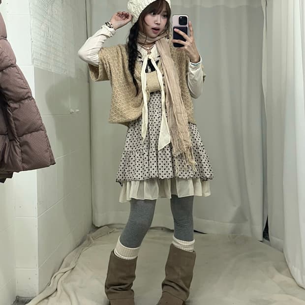 액시즈팜 도트 리본 떡볶이 패딩 모리걸 코디세트