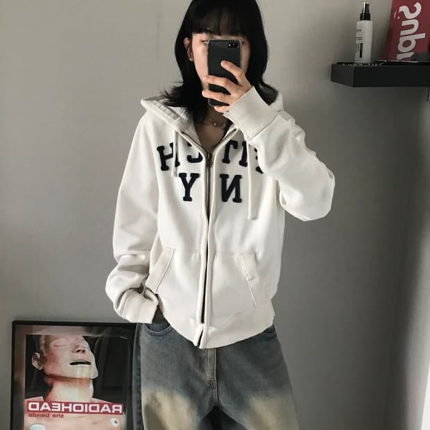 아베크롬비 헤비코튼 자수 로고 화이트 후드집업