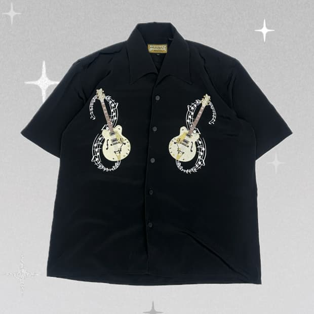 Dragonfly 🎸빈티지 자수 기타 오버핏 카라 셔츠 블랙 보헤미안