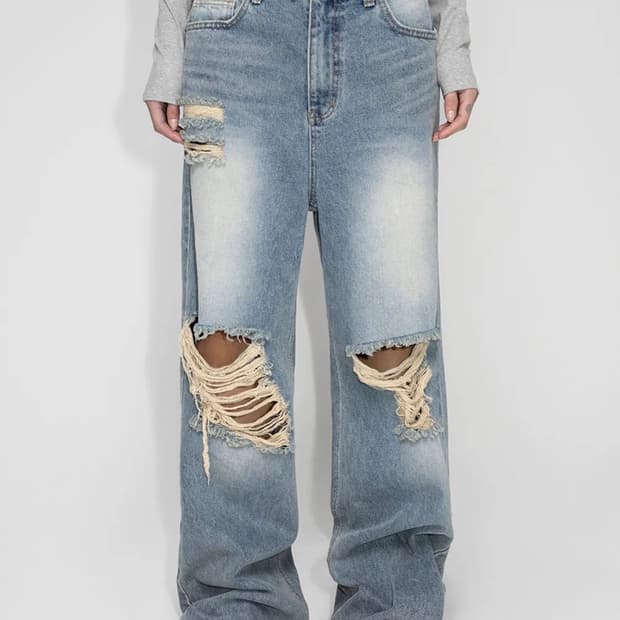 YEEL 워싱 디스트로이드 데님 팬츠 블루