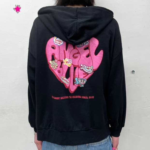 Angel Blue Heart Black Hooded Zip-Up