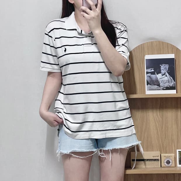 [정품] 폴로 화이트 / 블랙포니 단가라 반팔카라티 [ L ]