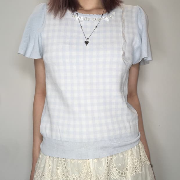 jpn vintage 페일블루 체크 블라우스