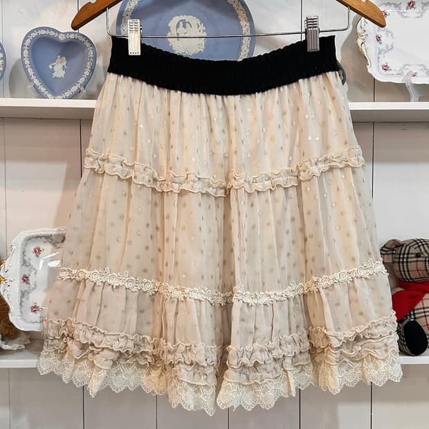 axes femme(엑시즈 팜므) 아이보리 골드도트 쉬폰 캉캉 레이스 스