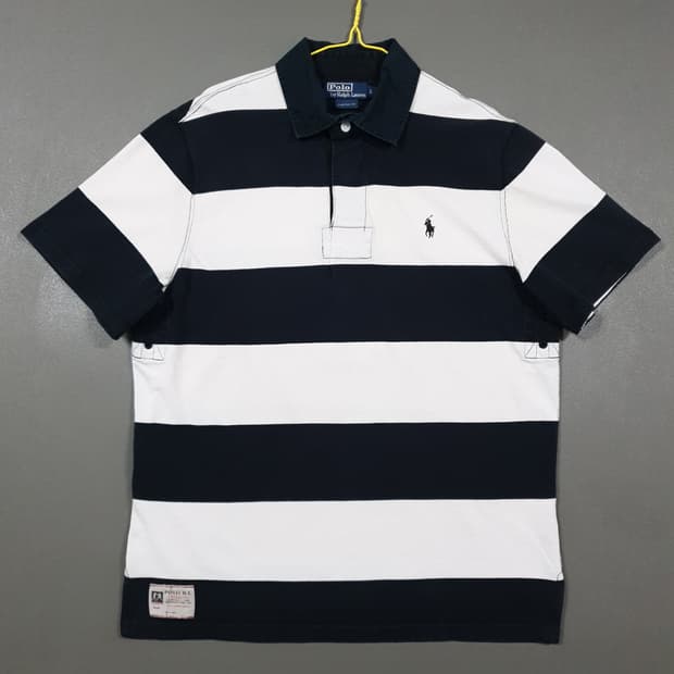 L) 폴로 랄프로렌 스트라이프 럭비 반팔 카라티 피케 셔츠 블랙 화이트
