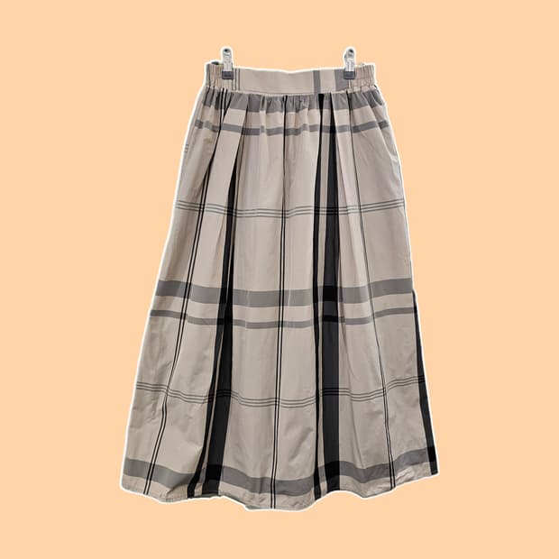 Iedit 베이지 체크 바스락 롱스커트