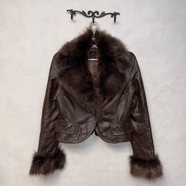 Brown lamb skin fox fur short jacket 