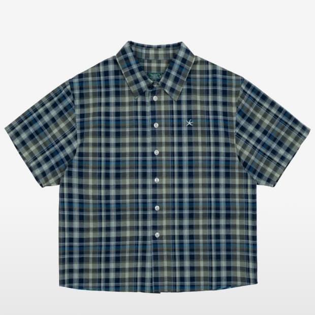 TCM mini logo check half shirts (blue)