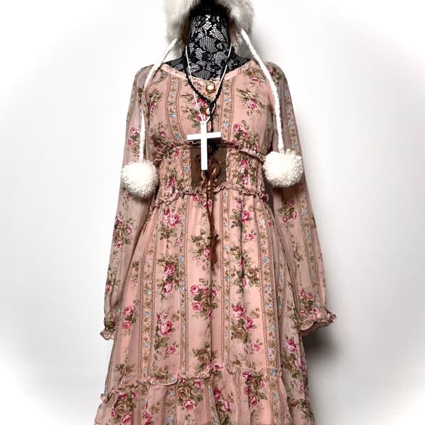 DEARY 디어리 살구색 플라워 패턴 리본 원피스