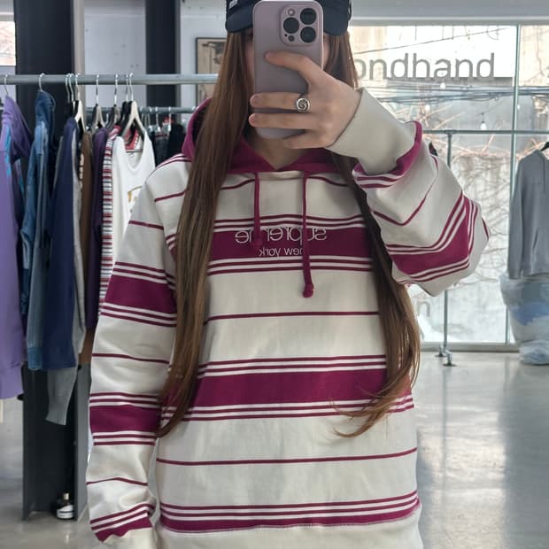 슈프림 16FW 스트라이프 후디드 크루넥 마젠타
