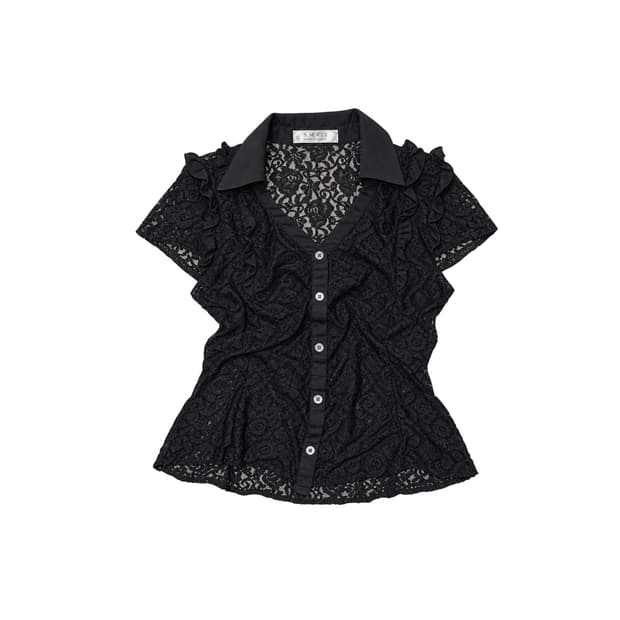 Vintage Black Lace Ruffle Blouse