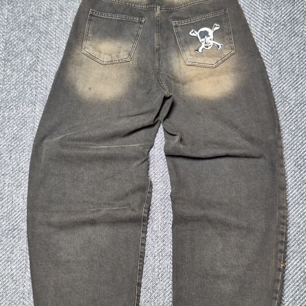 빈티지 제작 와이드 데님 데미지 팬츠