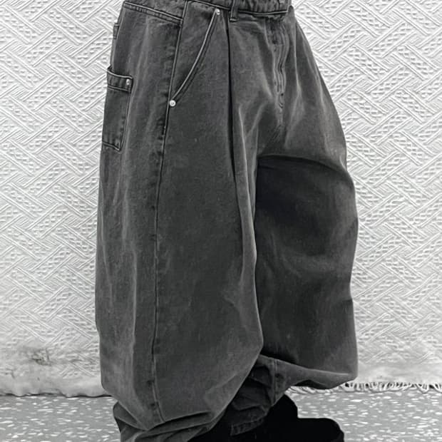 엑스톤즈 빈티지 스트릿 힙합 벌룬핏 흑청 데님팬츠 L C10368