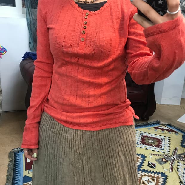 제페니즈 빈티지 여성 펀칭 헨리넥 긴팔 티 