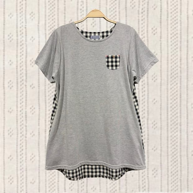 일본 빈티지 코지 그레이 체크 배색 모리 반팔 티셔츠