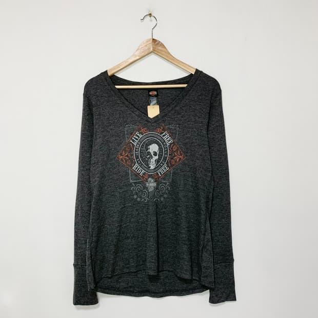 할리데이비슨 브이넥 스컬 프린팅 빈티지 롱슬리브 핸드워머 긴팔 티셔츠