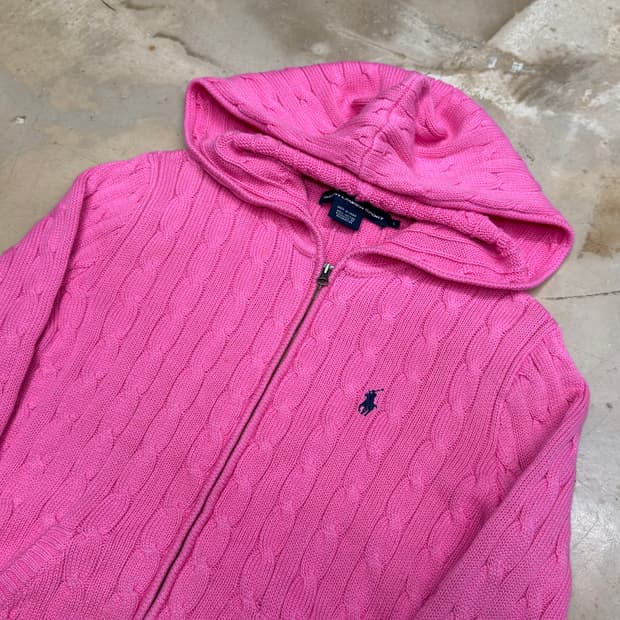 L 폴로랄프로렌 여성용 핑크 케이블 후드 니트 집업