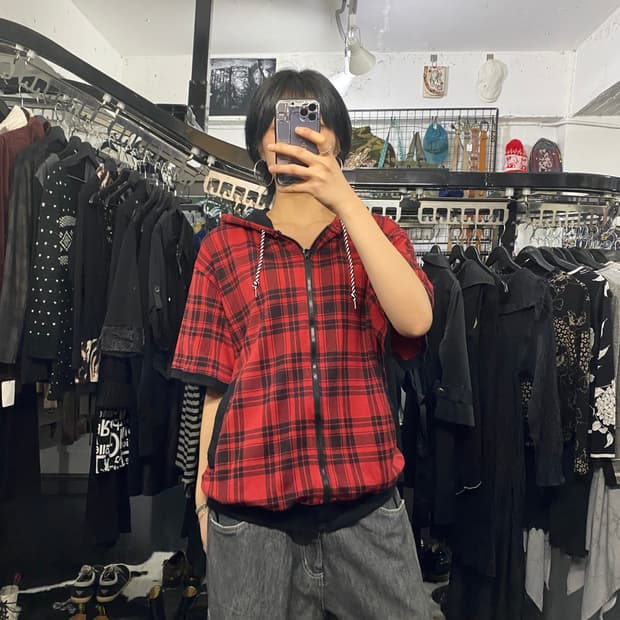 Thruxton 타탄체크 반팔후드집업