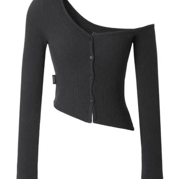 쓰리타임즈 원숄더 버튼 멜란지 티셔츠 차콜 멜란지