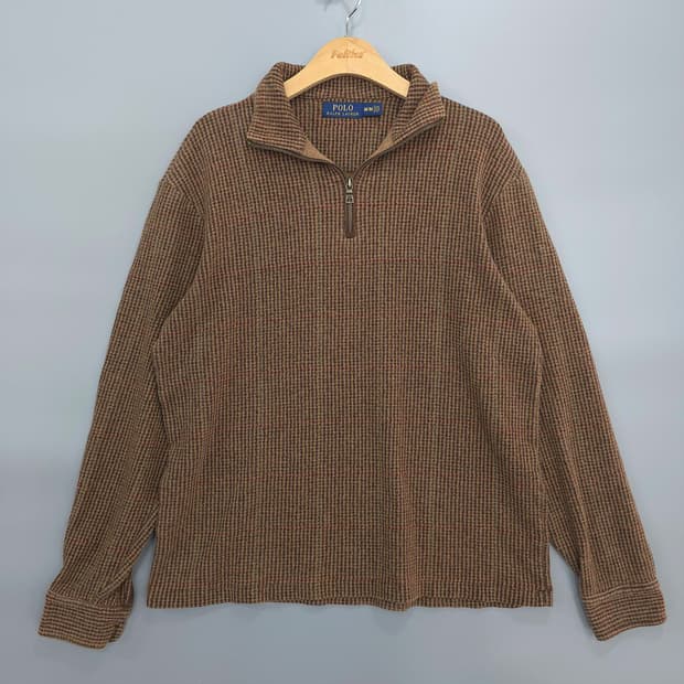 폴로 랄프로렌 브라운 체크 하프 집업 니트