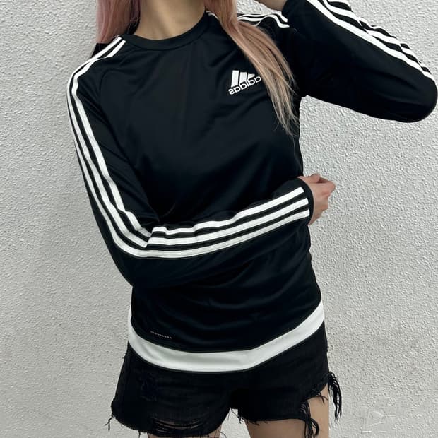아디다스 에센셜 화이트라인 블랙 시스루 롱슬리브 S
