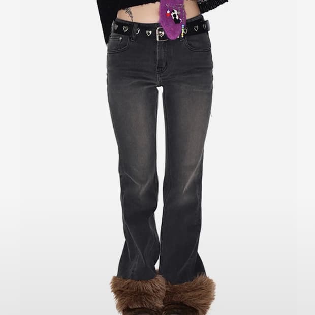 유스베스 Fur hem denim pants black