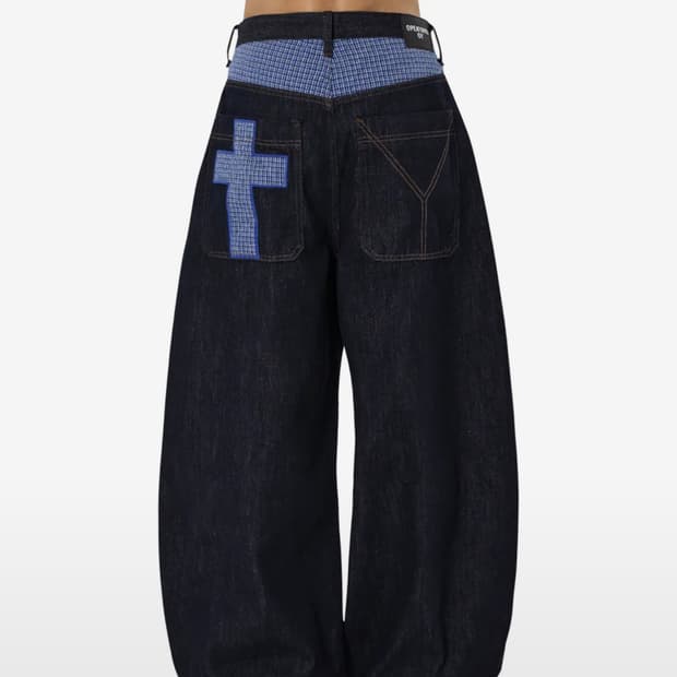 오와이 체크 믹스 와이드 벌룬 팬츠 S