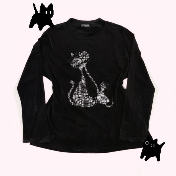고전 오네갸루 큐빅 고양이 블랙 딱붙 긴팔 롱 슬리브 티 