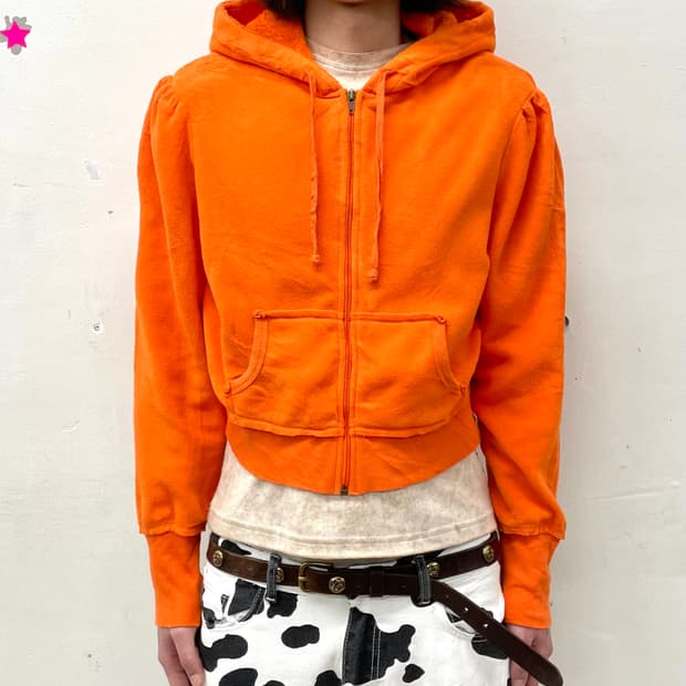 shoulder puff orange cropped hooded zip