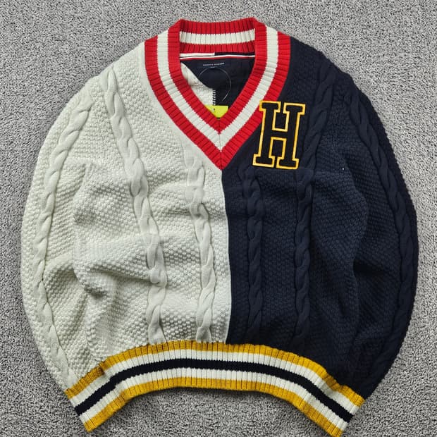 타미힐피거 브이넥 배색 크리켓 니트 스웨터 ( XL ) / 10668