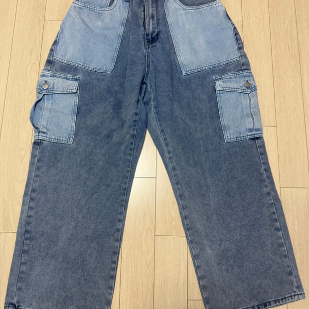 배색 카고 데님 와이드 팬츠