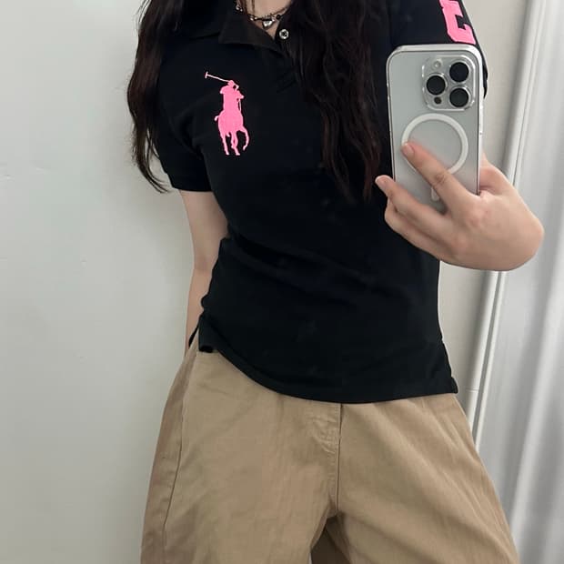 폴로 랄프로렌 블랙/핑크 커스텀핏 카라 티셔츠