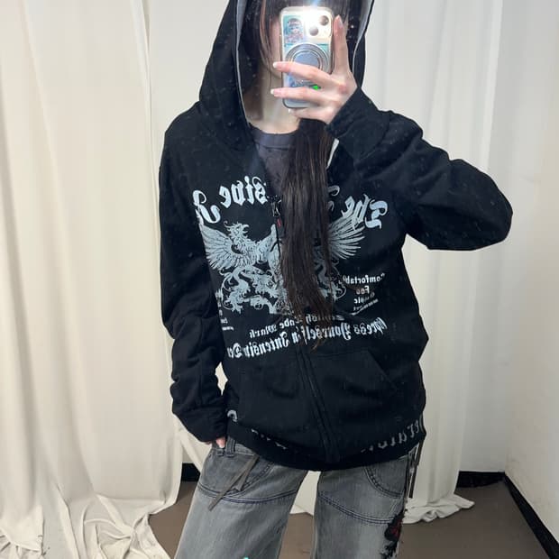 블랙 펑크 프린팅 후드집업