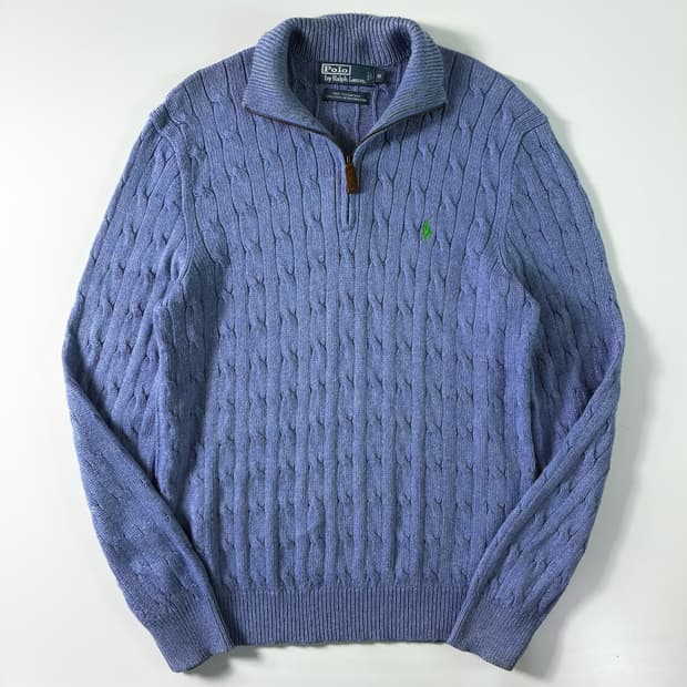 Polo  폴로 랄프로렌 자수 터사실크 소라 꽈배기 반집업 니트 