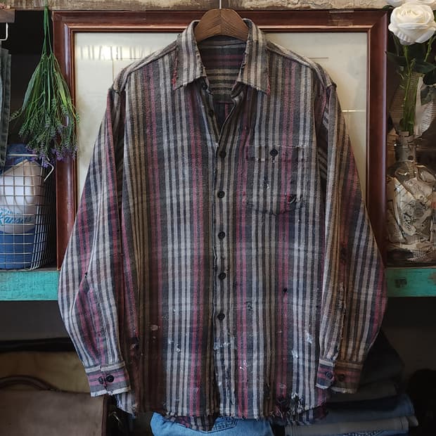 90s 빈티지 체크셔츠 헤비 플란넬 워크셔츠 썬페이딩 스트라이프 L