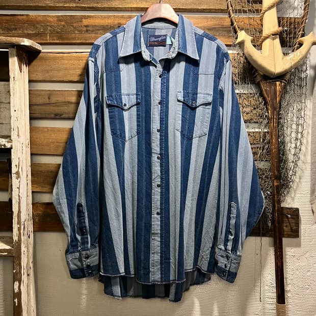 [2XL]90s 랭글러 USA 블루 다잉 스트라이프 버튼다운 웨스턴 셔츠