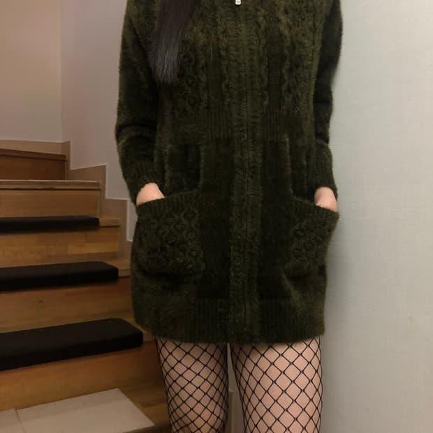 빈티지 후드 카키 롱 집업